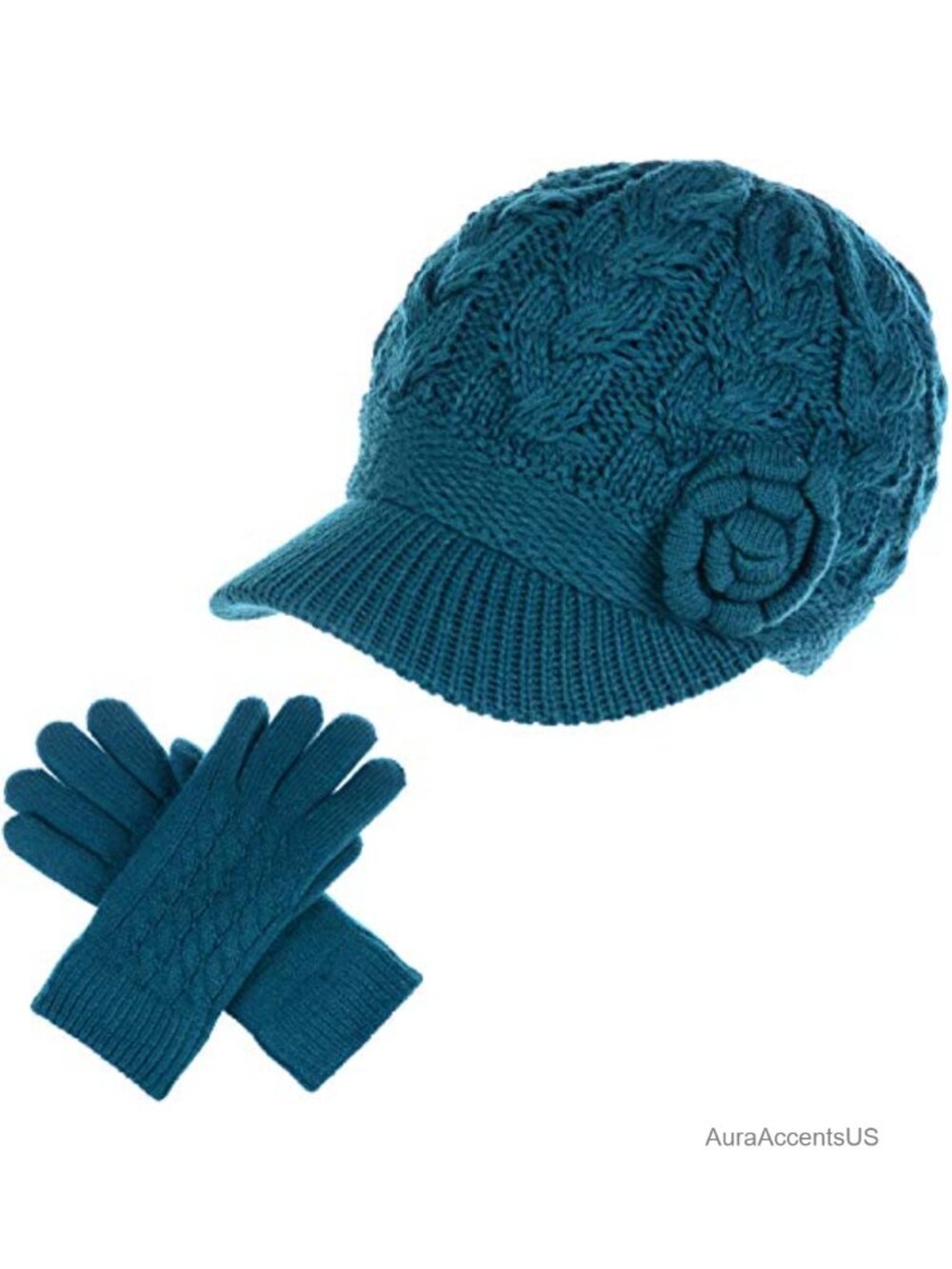 Cable Flower Knitted Newsboy Cabbie Cap Beret Beanie Hat with Visor Plush